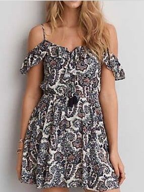 American Eagle Cold-Shoulder Paisley Mini Dress with tassel detail